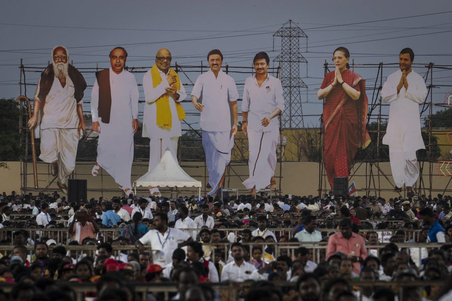 Large cutout portraits of Dravida Munnetra Kazhagam (DMK) and Indian National Congress (INC) leaders are erected overseeing political supporters during an election campaign rally ahead of the country's general elections, on the outskirts of southern Indian city of Chennai, April 15, 2024. (AP/RSS Photo)