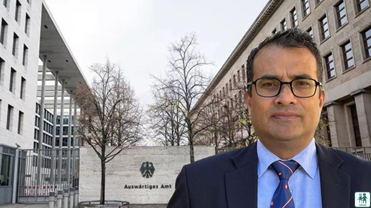 Nepal's Chargé d'Affaires in Germany, Sagar Prasad Phuyal,  and the German Foreign Ministry in the background.