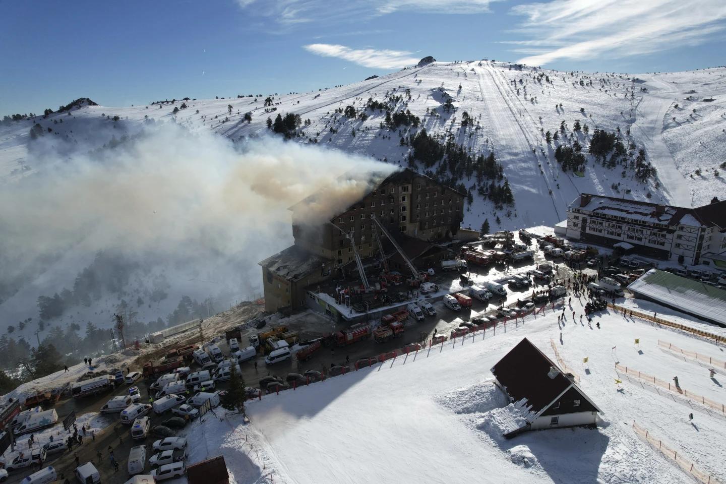 Firefighters work to extinguish a fire in a hotel at a ski resort of Kartalkaya, located in Bolu province, in northwest Turkey, Tuesday, Jan. 21, 2025. (AP)