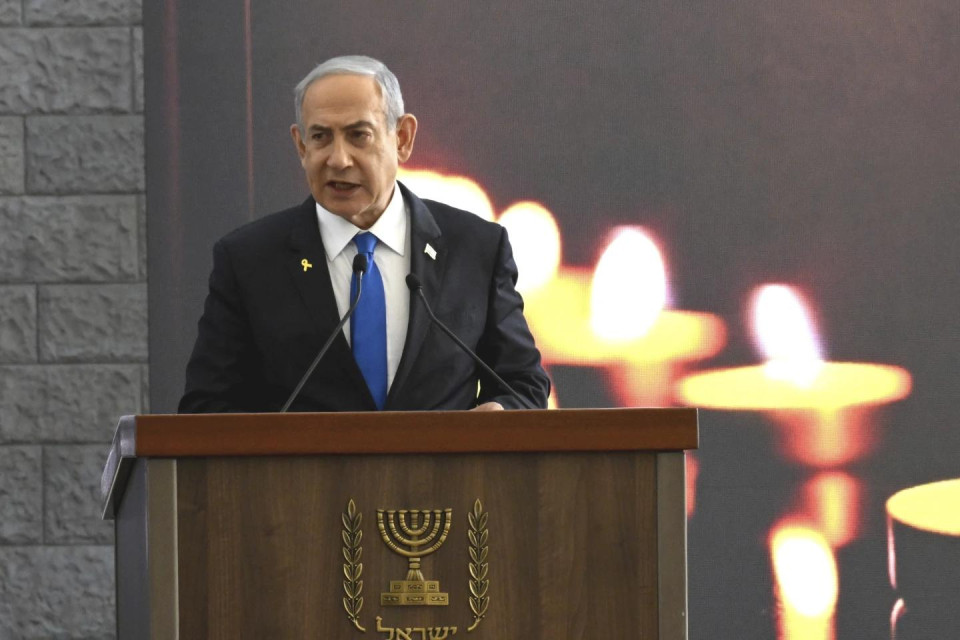 Israeli Prime Minister Benjamin Netanyahu speaks at a memorial ceremony for those killed by Hamas on Oct. 7, 2023, and those who fell in the "Iron Sword" war, at the Knesset, the Parliament, in Jerusalem, Monday, Oct. 28, 2024. (AP)