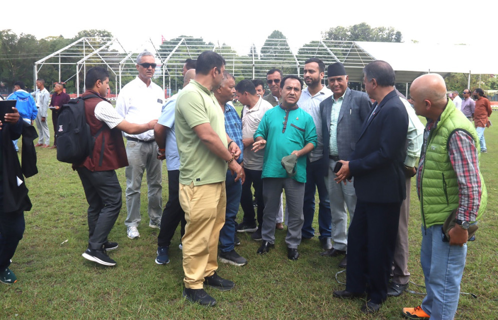Nepali Congress Vice-president Bishwa Prakash Sharma and other leaders inspect the general convention venue at Khula Manch, Kathmandu. (Photo: RSS)