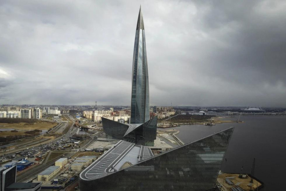 A view of the business tower Lakhta Centre, the headquarters of Russian gas monopoly Gazprom in St. Petersburg, Russia, April 27, 2022. (AP Photo/File)