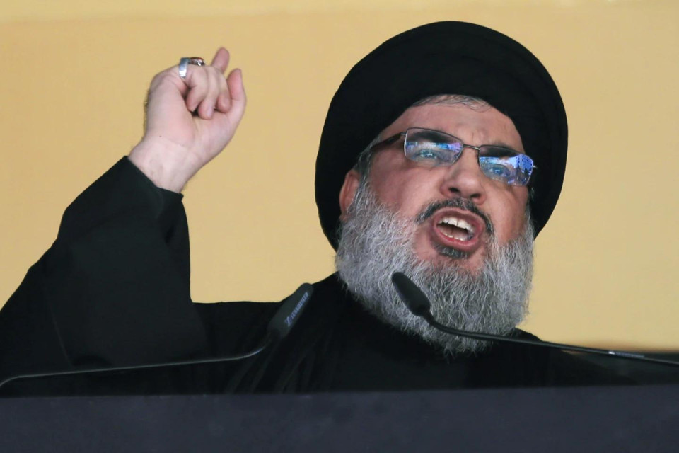 FILE - In this Oct. 24, 2015 file photo, Hezbollah leader Sheik Hassan Nasrallah addresses a crowd during the holy day of Ashoura, in a southern suburb of Beirut, Lebanon. (AP Photo)