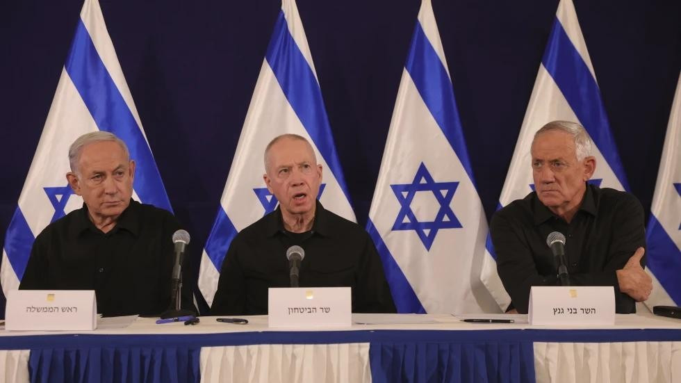 FILE - From left, Israeli Prime Minister Benjamin Netanyahu, Defense Minister Yoav Gallant and Cabinet Minister Benny Gantz speak during a news conference in the Kirya military base in Tel Aviv, Israel on Oct. 28, 2023. (AP)