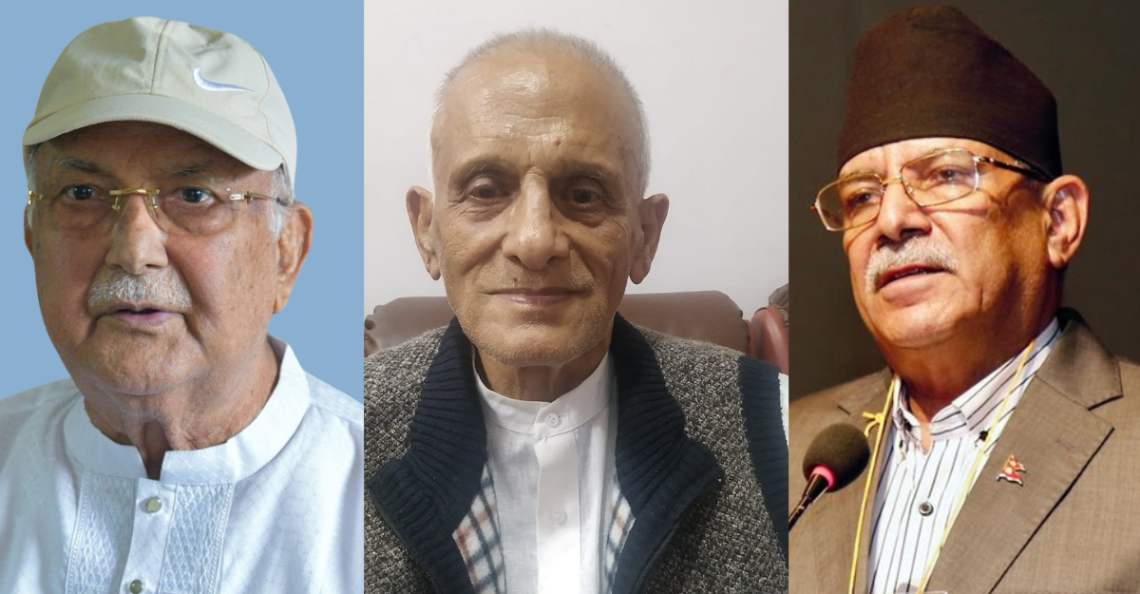 (From left) KP Oli, Mohan Bikram Singh, and Pushpa Kamal Dahal