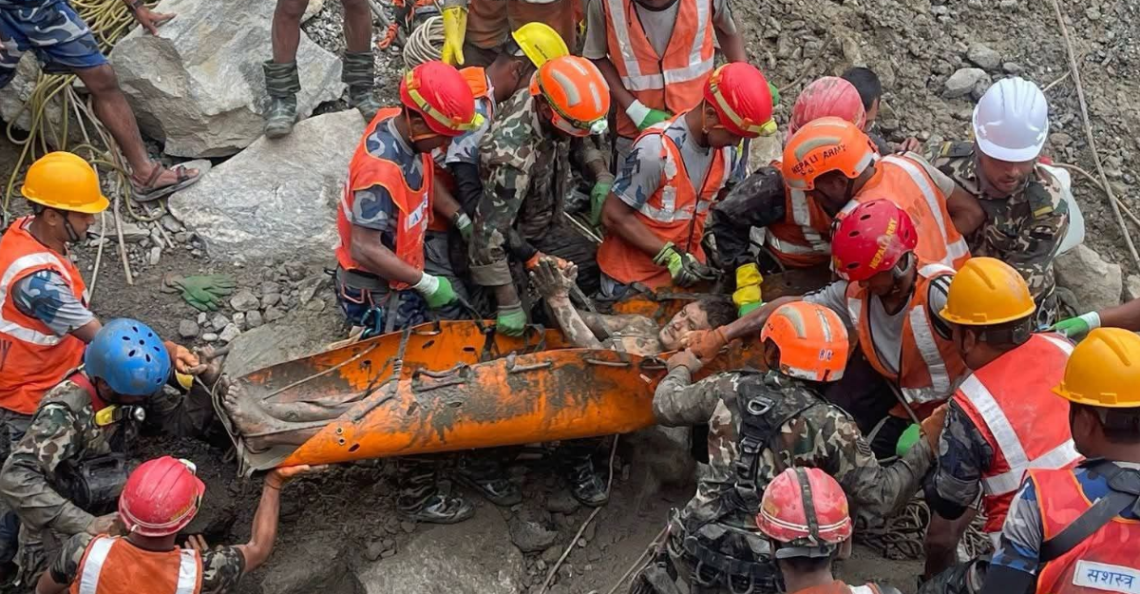 Kabir Maharjan is rescued from the Trishuli 3A Hydropower Project tunnel on Friday.