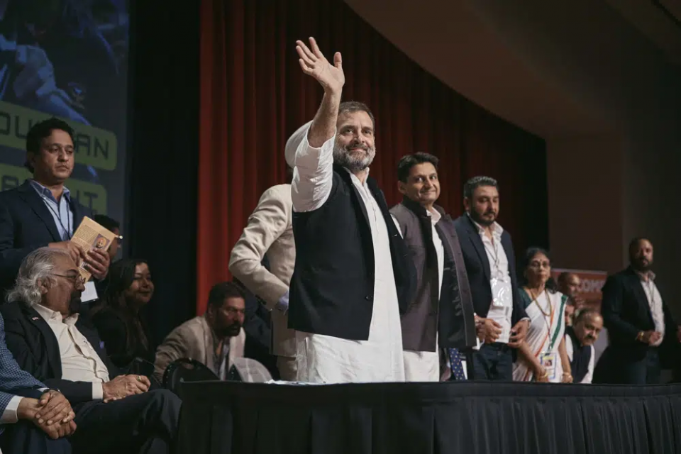 Indian politician Rahul Gandhi, center, waves after his speech at the Javits Center, Sunday, June 4, 2023, in New York. AP/RSS Photo