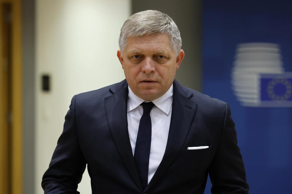FILE - Slovakia’s Prime Minister Robert Fico arrives to a round table meeting at an EU summit in Brussels, Thursday, Feb. 1, 2024. (AP Photo)