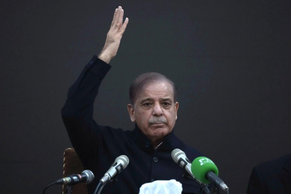 Pakistan’s former Prime Minister Shehbaz Sharif gestures during a press conference regarding parliamentary elections, in Lahore, Pakistan, Tuesday, Feb. 13, 2024. (AP/RSS Photo)