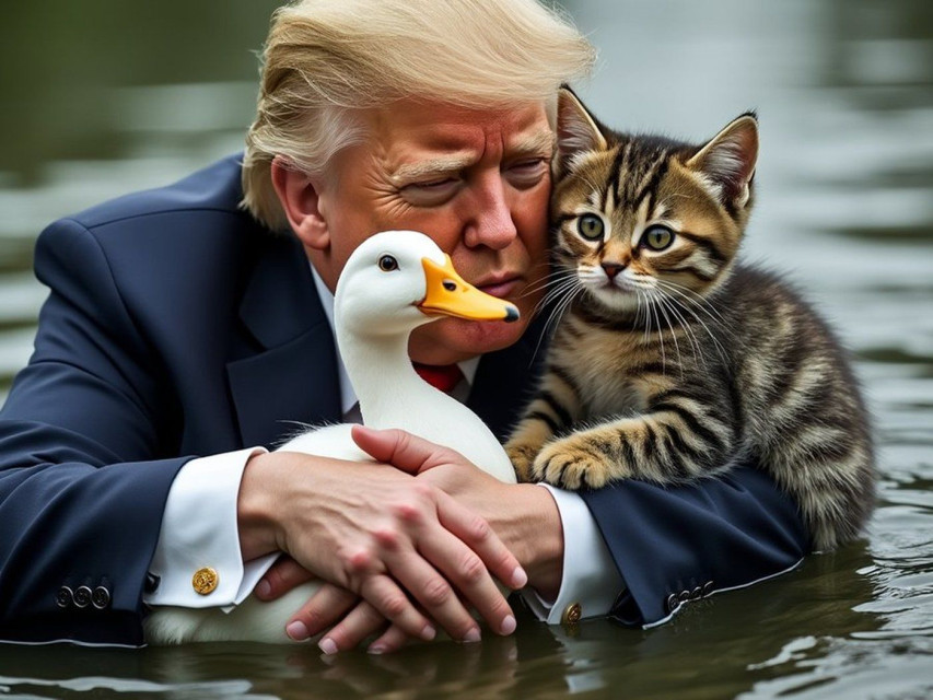 An AI-generated picture of Donald Trump hugging a duck and cat. AI-Generated Image