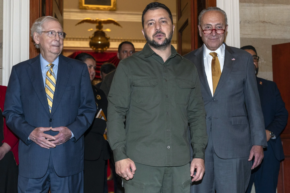 Ukrainian President Volodymyr Zelenskyy, second from left, walks with Senate Minority Leader Mitch McConnell of Ky., left, and Senate Majority Leader Chuck Schumer of N.Y., right, at Capitol Hill on Thursday, Sept. 21, 2023, in Washington. AP/RSS Photo