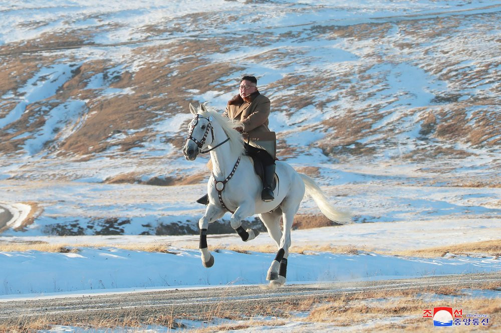 In this undated photo provided on Wednesday, Oct. 16, 2019, by the North Korean government, North Korean leader Kim Jong Un rides a white horse to climb Mount Paektu, North Korea.