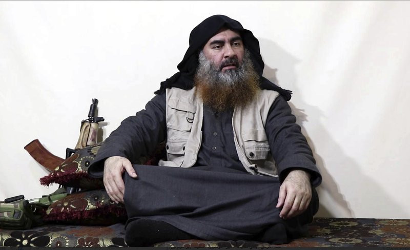 This file image made from video posted on a militant website April 29, 2019, purports to show the leader of the Islamic State group, Abu Bakr al-Baghdadi being interviewed by his group's Al-F
