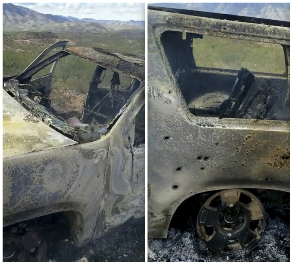This combination of frames from Nov. 4, 2019, video by Kenny Miller and posted on the Twitter account of Alex LeBaron shows the ambushed SUVs.