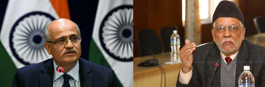 Indian Foreign Secretary Vijay Gokhale (L) and Nepali Ambassador to India Nilamber Acharya