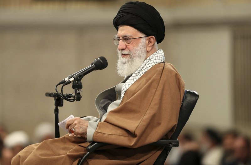 In this picture released by the official website of the office of the Iranian supreme leader, Supreme Leader Ayatollah Ali Khamenei speaks in a meeting with members of the Revolutionary Guard