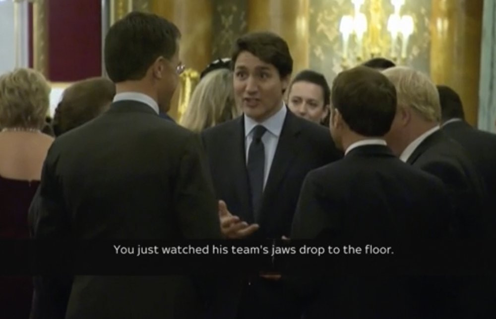 In this grab taken from video on Tuesday, Dec. 3, 2019, Canada's Prime Minister Justin Trudeau gossips about US President Donald Trump with other leaders.