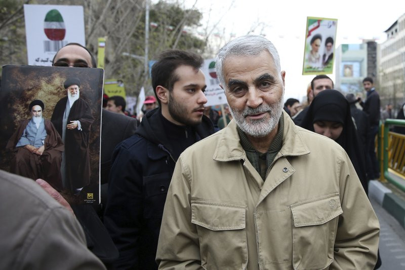 In this Thursday, Feb. 11, 2016, file photo, Qassem Soleimani, commander of Iran's Quds Force, attends an annual rally commemorating the anniversary of the 1979 Islamic revolution, in Tehran,