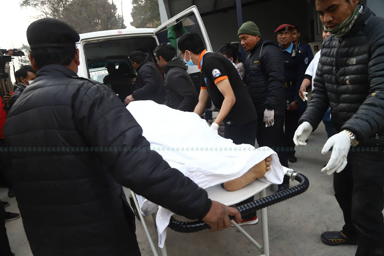 Bodies of the Indian nationals being taken to the TUTH for autopsy on Tuesday. Photo: Nisha Bhandari/Setopati