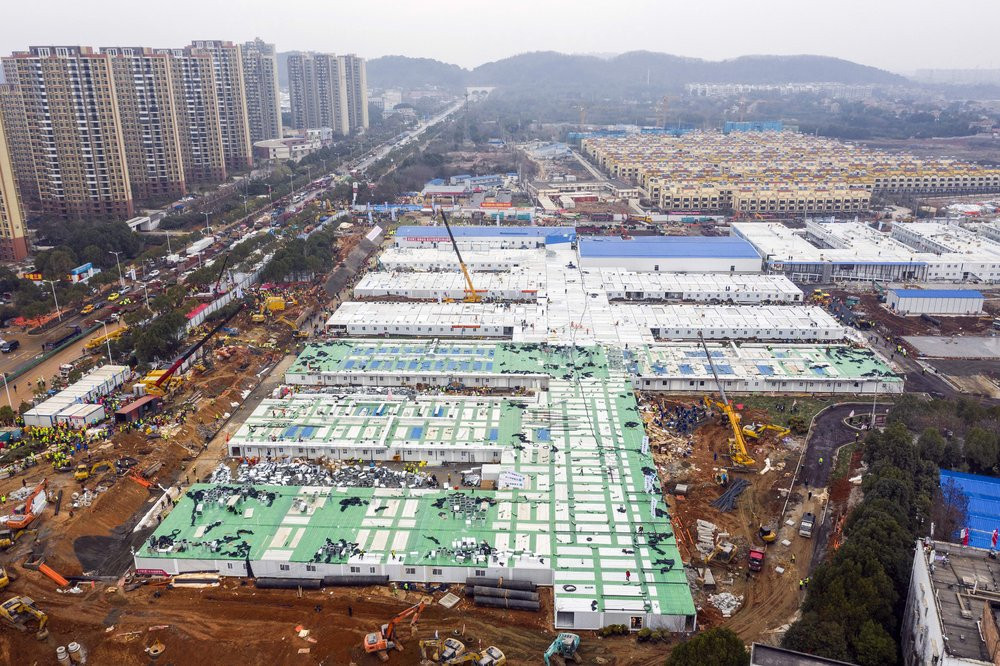 The Huoshenshan temporary field hospital under construction is seen as it nears completion in Wuhan in central China's Hubei Province, Sunday, Feb. 2, 2020.