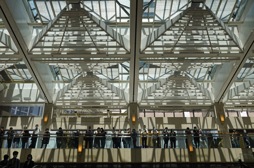Protestors wear face masks gather at a shopping mall in Hong Kong, Wednesday, April 29, 2020.