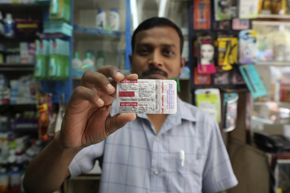 A chemist displays hydroxychloroquine tablets in Mumbai, India, Tuesday, May 19, 2020. President Donald Trump’s declaration that he was taking the antimalarial drug of dubious effectiveness t