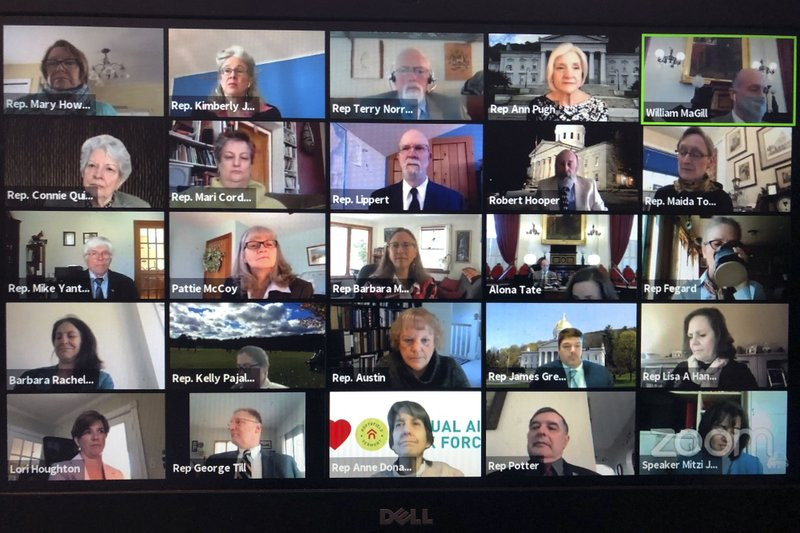 In this April 23, 2020 file photo, members of the Vermont House of Representatives convene in a Zoom video conference for its first full parliamentary online session in Montpelier.