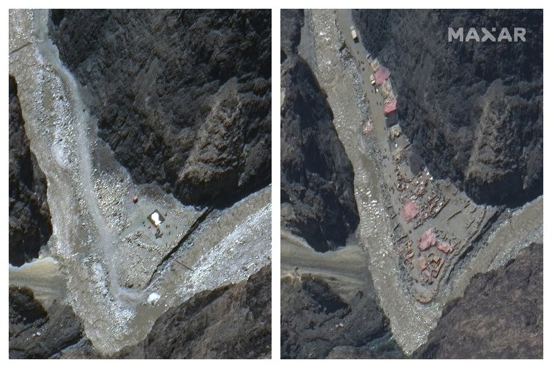 This combination of May 22, 2020, left, and June 23 satellite images provided by Maxar Technologies shows construction in the Galwan river valley near the disputed border known as the Line of