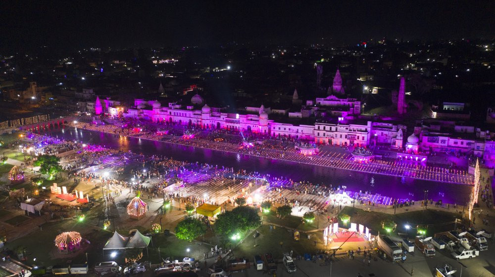 An illuminated city of Ayodhya is seen on the eve of a groundbreaking ceremony of a temple dedicated to the Hindu god Ram in Ayodhya, India, Tuesday, Aug. 4, 2020.