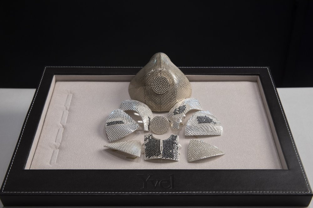 Parts and a model of a mask is displayed in the Israeli jewelry company Yvel in Motza near Jerusalem, Sunday, Aug. 9, 2020.