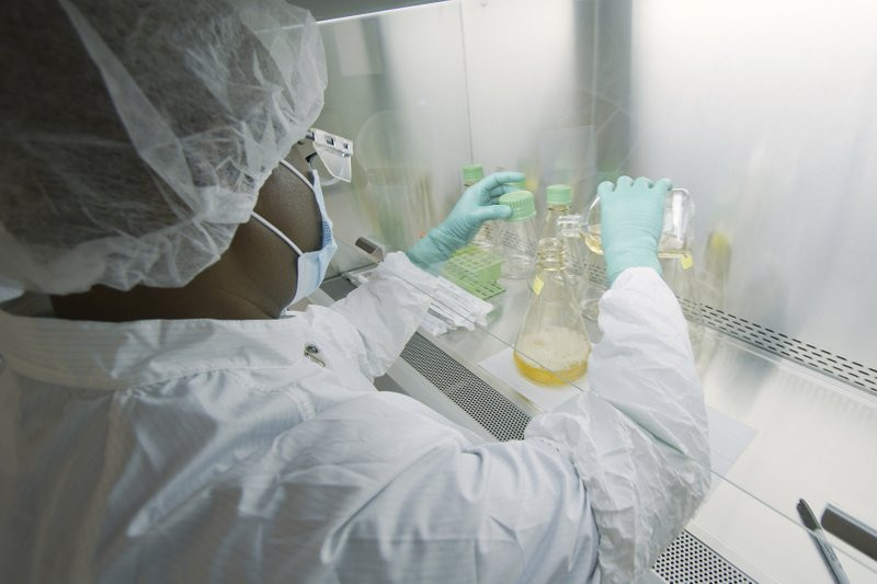 In this May 2020 photo provided by Eli Lilly, a researcher tests possible COVID-19 antibodies in a laboratory in Indianapolis.