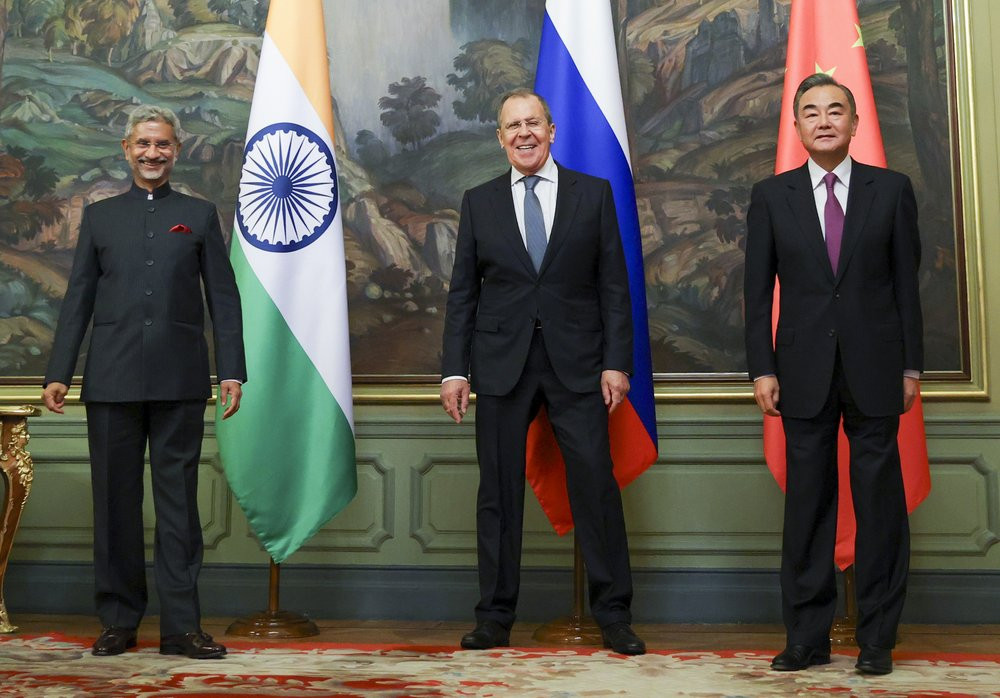 In this photo released by the Russian Foreign Ministry Press Service, India's Foreign Minister S. Jaishankar, left, Russia's Foreign Minister Sergey Lavrov, and China's Foreign Minister Wang 