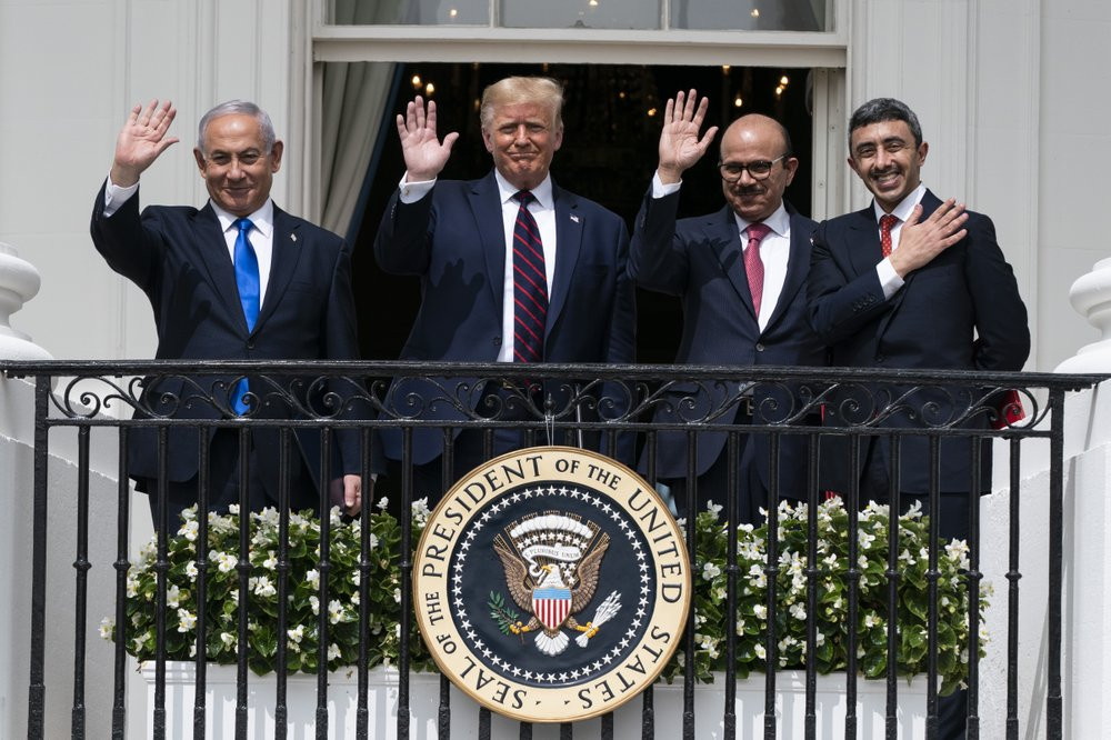 Israeli Prime Minister Benjamin Netanyahu, left, President Donald Trump, Bahrain Foreign Minister Khalid bin Ahmed Al Khalifa and United Arab Emirates Foreign Minister Abdullah bin Zayed al-N