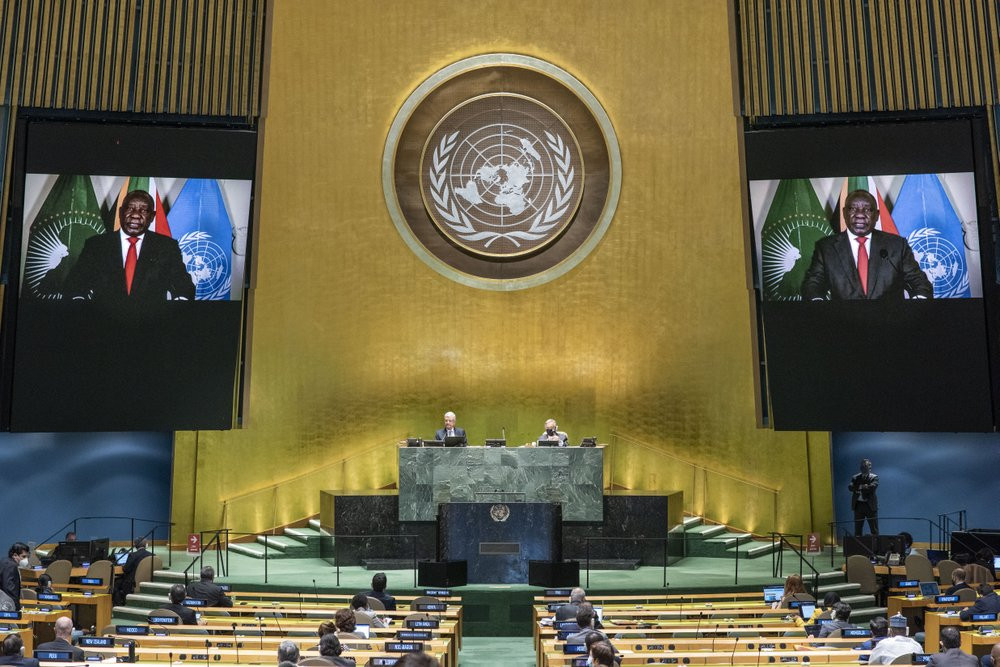 In this photo provided by the United Nations, South African President Cyril Ramaphosa speaks in a pre-recorded message played during the 75th session of the United Nations General Assembly, T