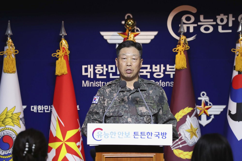 Lt. Gen. Ahn Young Ho, a top official at the South Korean military's office of the Joint Chiefs of Staff, speaks during a press conference at the Defense Ministry in Seoul, South Korea, Thurs