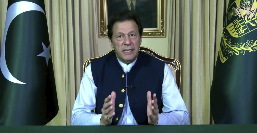 In this image made from UNTV video, Imran Khan, Prime Minister of Pakistan, speaks in a pre-recorded message which was played during the 75th session of the United Nations General Assembly, F