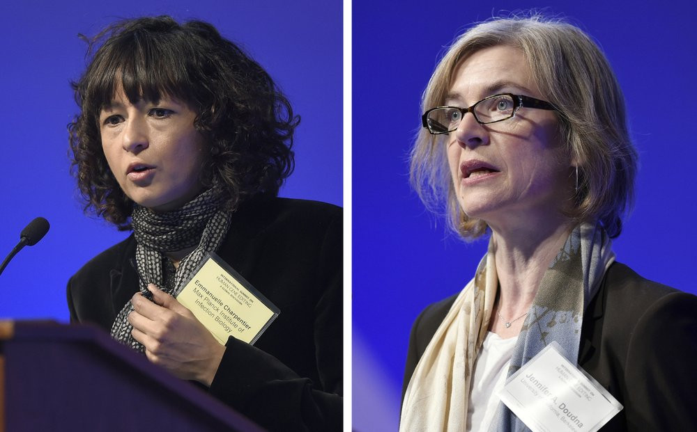 This Tuesday, Dec. 1, 2015 file combo image shows Emmanuelle Charpentier, left, and Jennifer Doudna, both speaking at the National Academy of Sciences international summit on the safety and e