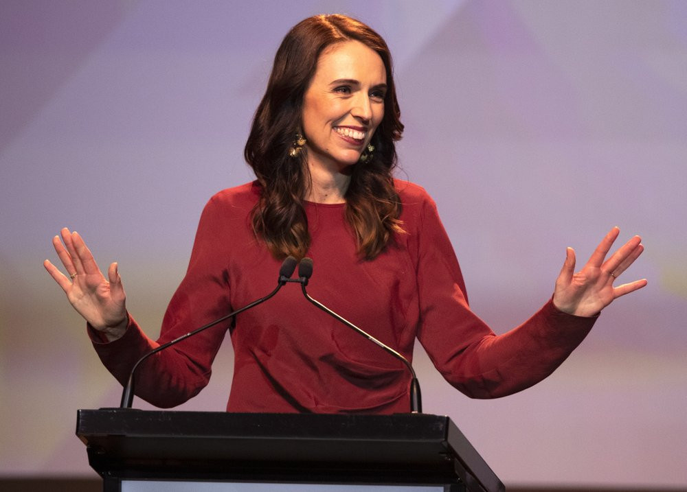 New Zealand Prime Minister Jacinda Ardern gestures as she gives her victory speech to Labour Party members at an event in Auckland, New Zealand, Saturday, Oct. 17, 2020.