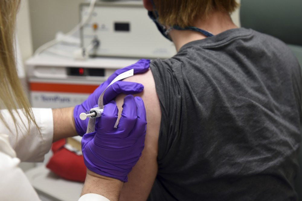 This May 4, 2020, file photo provided by the University of Maryland School of Medicine, shows the first patient enrolled in Pfizer's COVID-19 coronavirus vaccine clinical trial at the Univers