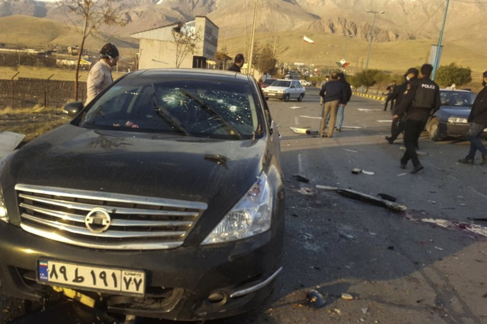 This photo released by the semi-official Fars News Agency shows the scene where Mohsen Fakhrizadeh was killed in Absard, a small city just east of the capital, Tehran, Iran, Friday, Nov. 27, 