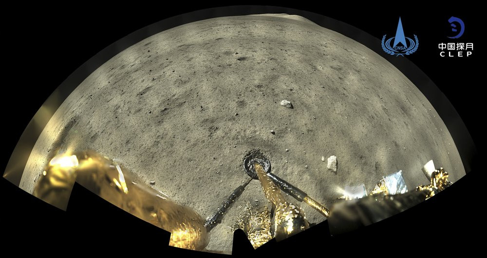 This image taken by panoramic camera aboard the lander-ascender combination of Chang'e-5 spacecraft provided by China National Space Administration shows a moon surface after it landed on the