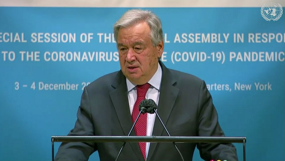 In this image made from UNTV video, United Nations Secretary General Antonio Guterres speaks during the U.N. General Assembly's special session to discuss the response to COVID-19 and the bes
