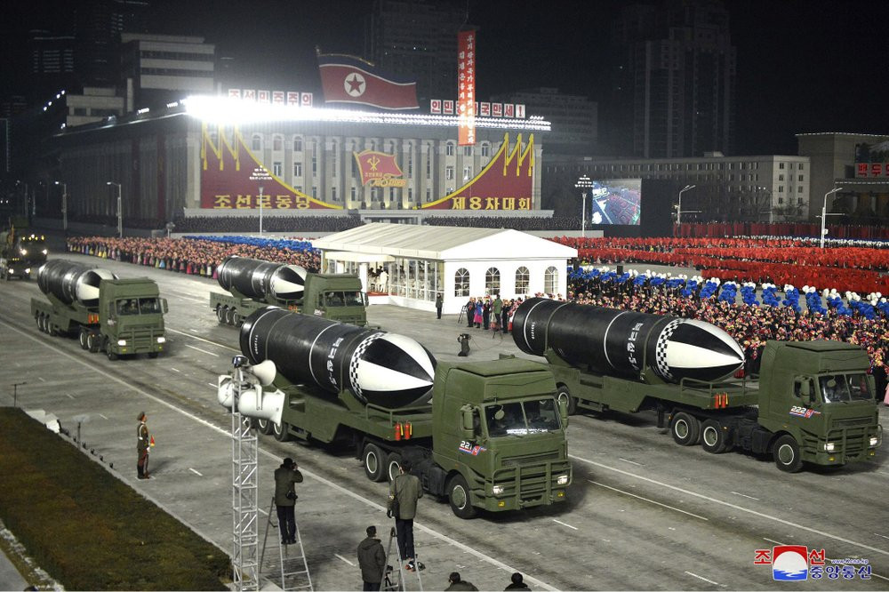 This photo provided by the North Korean government shows missiles during a military parade marking the ruling party congress, at Kim Il Sung Square in Pyongyang, North Korea Thursday, Jan. 14