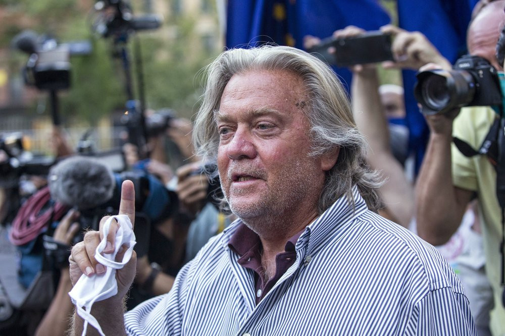 In this Aug. 20, 2020, file photo, President Donald Trump's former chief strategist, Steve Bannon, speaks after pleading not guilty to charges that he ripped off donors to an online fundraisi