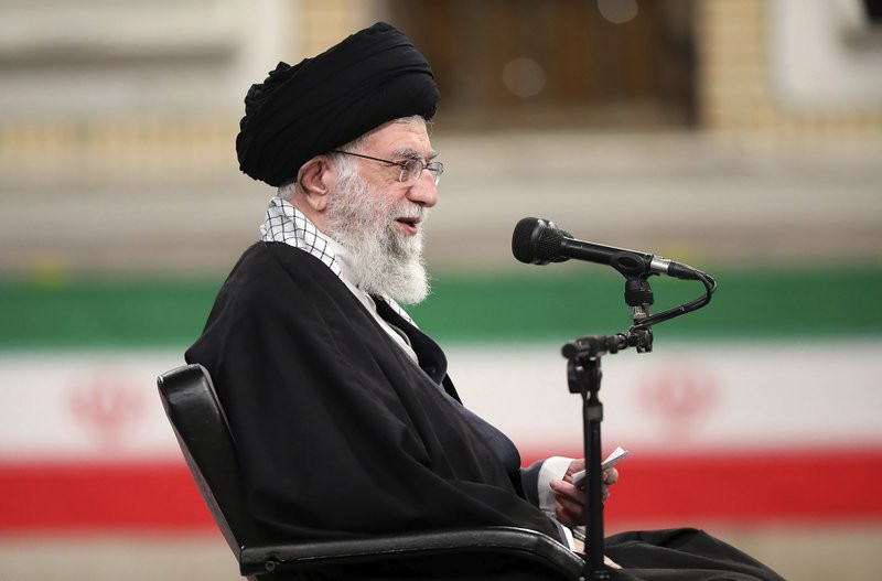 In this picture released by the official website of the office of the Iranian supreme leader, Supreme Leader Ayatollah Ali Khamenei speaks during a meeting with army's air force and air defen