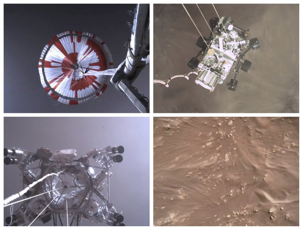 This combination of images from video made available by NASA shows steps in the descent of the Mars Perseverance rover as it approaches the surface of the planet on Thursday, Feb. 18, 2021.