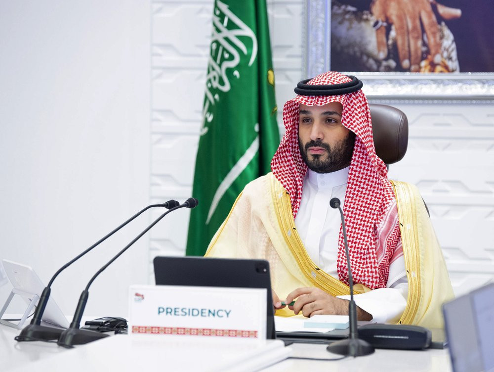In this Sunday, Nov. 22, 2020, file photo, Saudi Arabia's Crown Prince Mohammed bin Salman attends a virtual G-20 summit held over video conferencing, in Riyadh, Saudi Arabia.