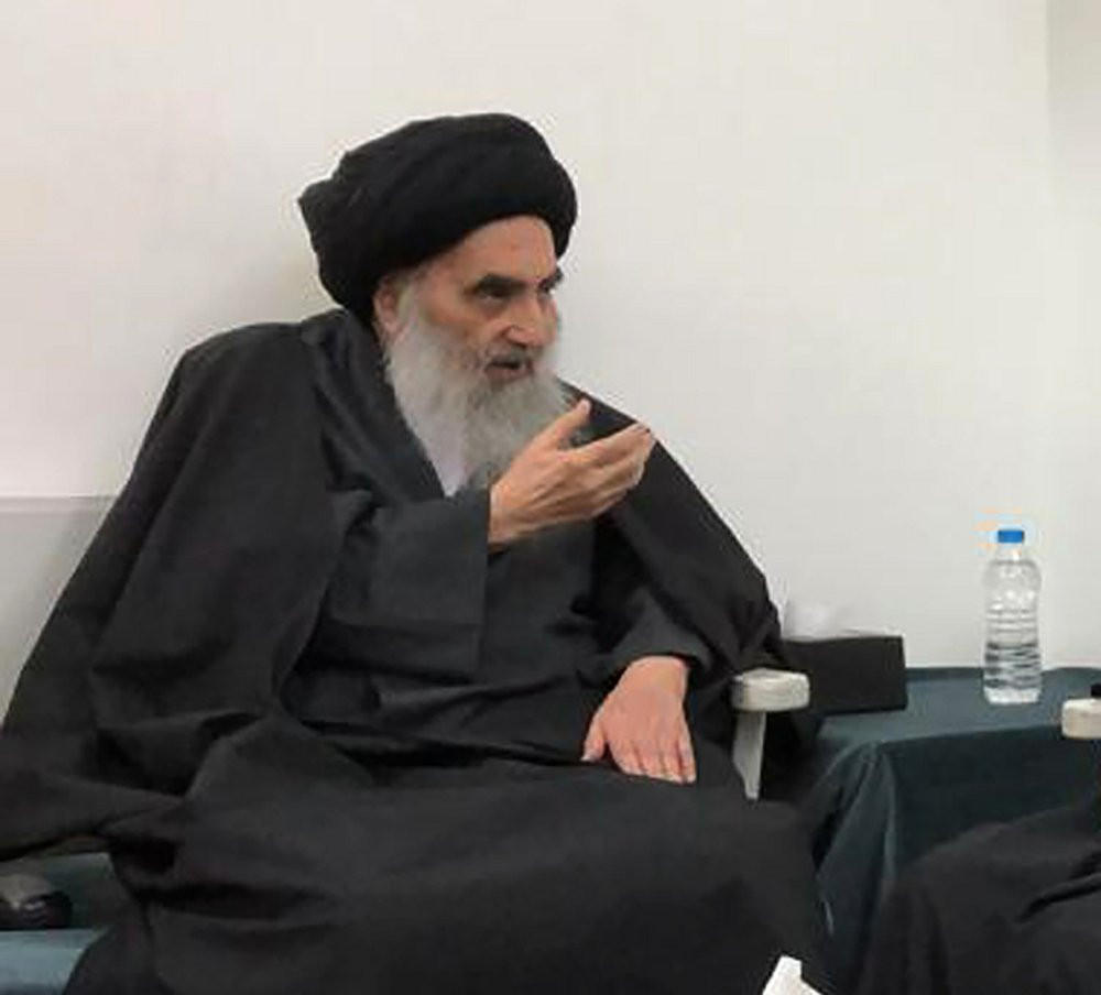 This March, 13, 2019 handout file photo from the office of Grand Ayatollah Ali al-Sistani, shows senior Shiite cleric Grand Ayatollah Ali al-Sistani in the southern Iraqi city of Najaf.