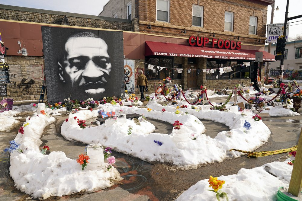 In this Feb. 8, 2021 file photo, A mural of George Floyd is seen in George Floyd Square in Minneapolis.