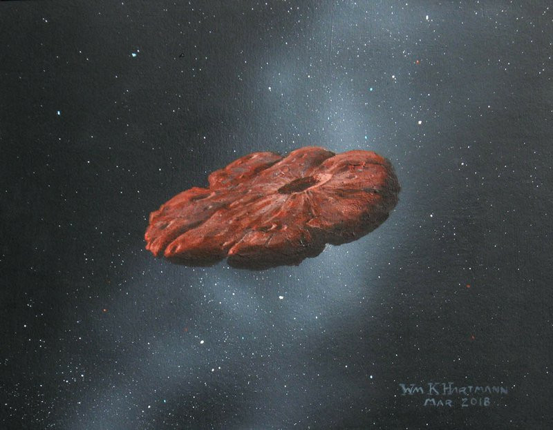 This 2018 illustration provided by William Hartmann and Michael Belton shows a depiction of the Oumuamua interstellar object as a pancake-shaped disk.